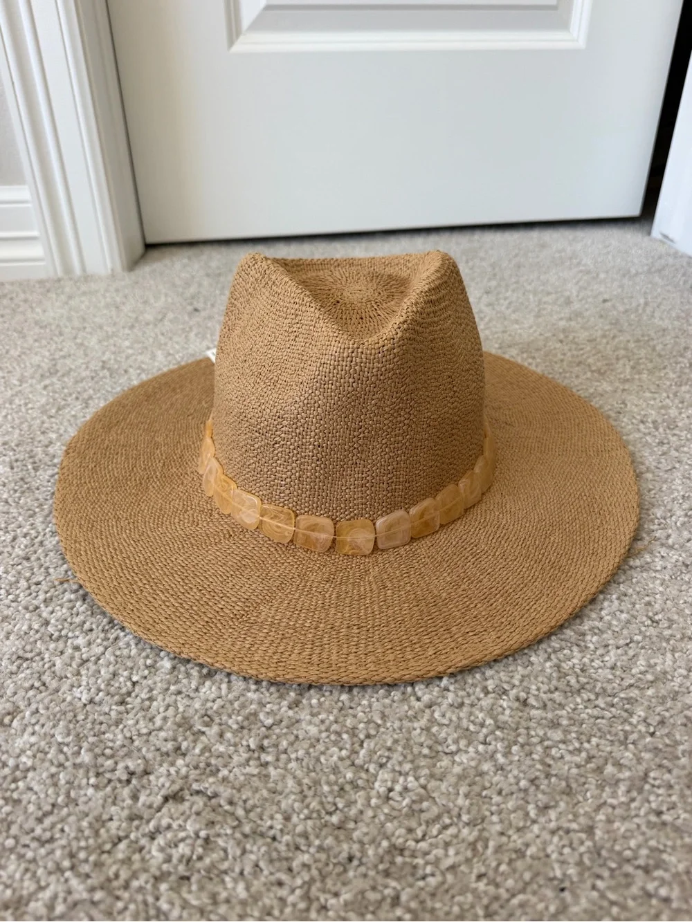 Tan Straw Fedora with Amber Beaded Band